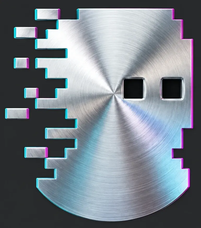 Zillions specimen 001, front view. Brushed metal shield with a pixel-degraded left edge and two square eyes.